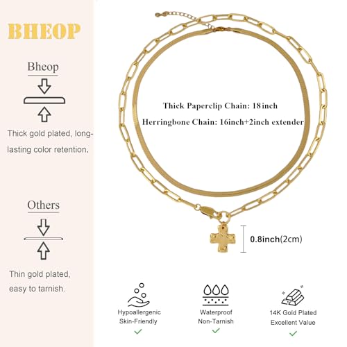 Bheop Chunky Cross Necklace for Women Trendy 14K Gold Silver Layered Statement Cross Pendant Charm Necklace Waterproof Paperclip Herringbone Snake Choker Chain Christian Jewelry Set Gift Non Tarnish - style: GD-2PCS/0.8 inch Cross+Herringbone Necklace