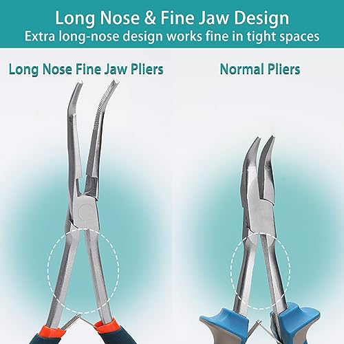 SPEEDWOX Long Reach Needle Nose Pliers with Serrated Jaws Bend Nose Pliers Fish Pliers Hook Remover Angled Needle Nose Plier with Cutter for Hard to Reach Narrow Spaces Jewerly Making - style: Needle Nose Pliers with bend nose