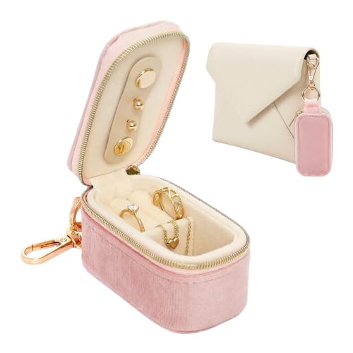 Velvet Mini Travel Jewelry Case Small 2-in-1 Ring Holder Box Keychain Portable Storage Clutch Organizer Gift for Women Earrings Necklace Wedding Party Outdoor