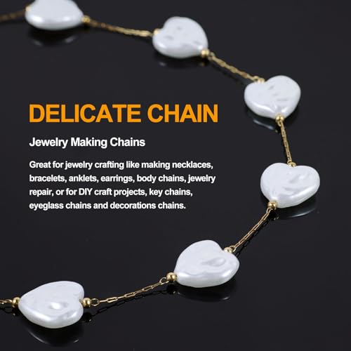 KYUNHOO 9.8FT/3M Gold Chains for Jewelry Making Stainless Steel Heart Chain Imitation Pearl Jewelry Link on Bulk for Women DIY Handcrafts - color: Heart Gold