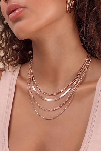 Tewiky Layered Necklaces for Women Non Tarnish- Chunky 14k Gold Plated Herringbone/Snake/Rope/Box/Cuban Link Chain for Women Waterproof Layering Stack Choker Necklace Trendy Dainty Tarnish Free Jewelry Set - color: 4 layered necklace-Rose Gold