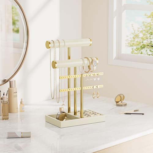 bussdis 3 Tier Bracelet Holder Display - Beige Leather Bracelet Holder, Detachable T Bar Jewelry Holder Organizer for Bracelet, Necklace, Earrings, Rings, Watches, Bangle - color: Beige