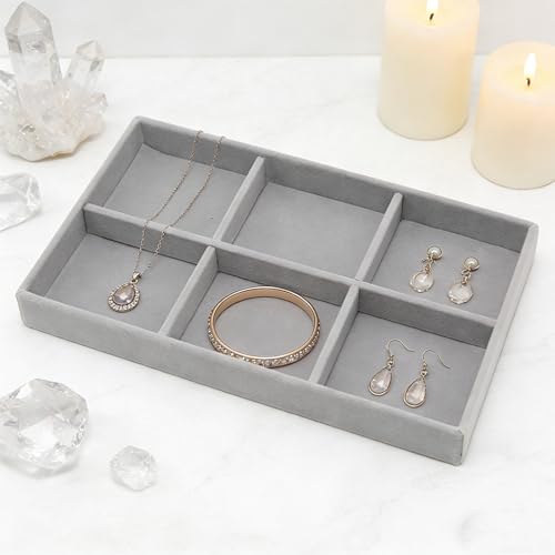 Velvet Jewelry Organizer Trays Gray Stackable Jewelry Storage Display Tray with Removable Dividers, 6 Grids - color: Gray