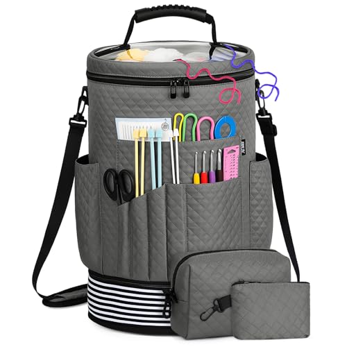 IBFUN Crochet Yarn Knitting Bag 3PCS - Expandable Yarn Storage Organizer Crocheting Bag with Accessories Cases Adjustable Strap for Hooks, Needles, Accessories, Crochet Lovers, Supplies, Beginners - color: Gray