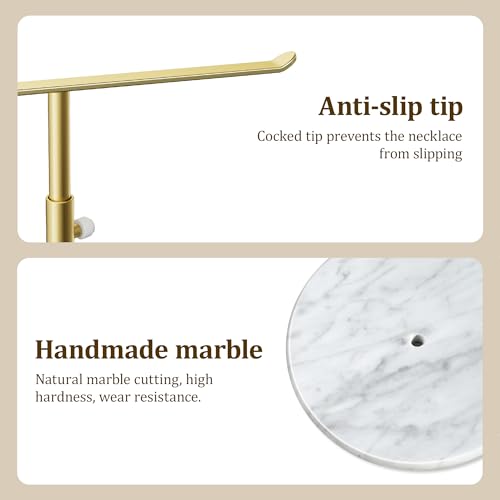 Gold Necklace Holder Jewelry Organizer Stand – Adjustable Height T‑Bar Jewelry Display with White Marble Base, Necklace & Bracelet Holder, Countertop Jewelry Stand - color: Gold & White