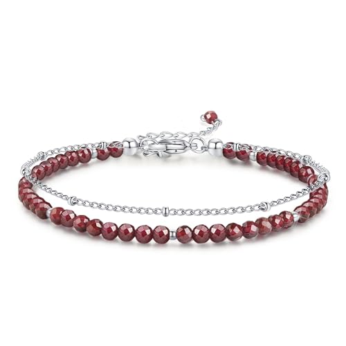 Peridot Stand Silver Gold Bracelets, Handmade Birthstone Stack Bracelet Crystal Gemstones Bead Chain Gift for Women, 8" - color: Silver-01-Jan Garnet