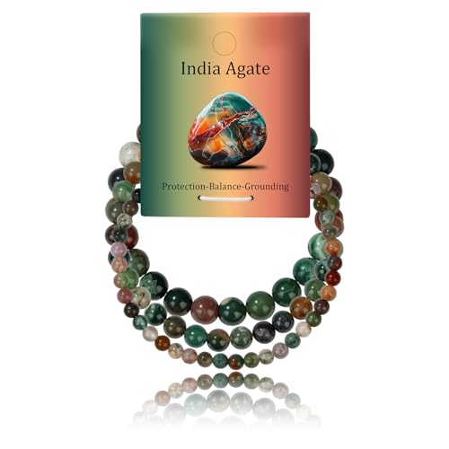 3Pcs Natural Healing Crystal Bracelets for Women Men, 4mm 6mm 8mm Beaded Stretch Bracelet Set, Black Tourmaline Natural Stone Gemstone Jewelry Gifts for Meditation, Reiki & Yoga - color: Indian Agate