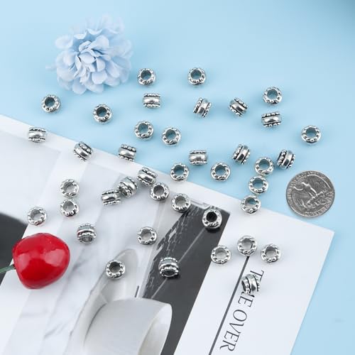 60Pcs Antique Silver Barrel European Beads 4mm Large Hole Spacer Beads Silver European Rondelle Bead Bulk Antique Tibetan Metal Column Barrel Charm Bead for Bracelets Earring Necklace Jewelry Making