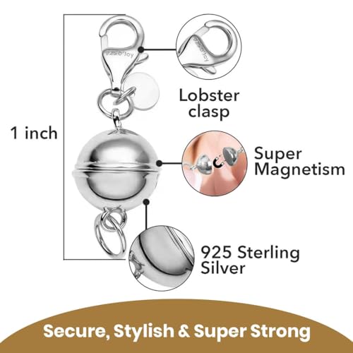925 Sterling Silver Magnetic Necklace Clasp Rhodium Plated Round Magnetic Clasps for Necklaces Jewelry Lock with Lobster Clasp for Women Women 2.50 Grams Gifts - color: Silver