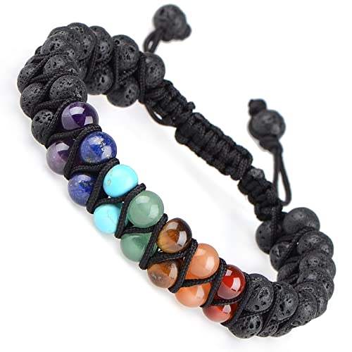 MASSIVE BEADS Double Layer Natural Chakra Healing Power Crystals Macrame Bracelet Yoga Stone Beads Gemstone Meditation Relax Anxiety Bangle for Unisex Women Men - color: 7-Chakras&Lava, size: 6mm
