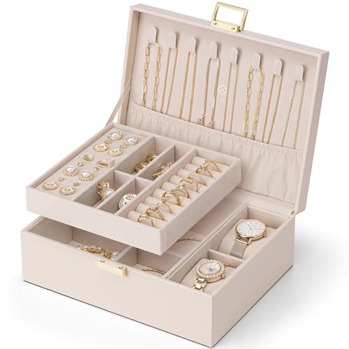 VLANDO 2 Layer Jewelry Boxes Large Jewelry Organizer for Women Removable Jewelery Tray for Watch Necklace Earrings Rings Bracelets Mothers Gifts Mom Gifts(Apricot White) - color: 04-Apricot Pink-Watch Pillow