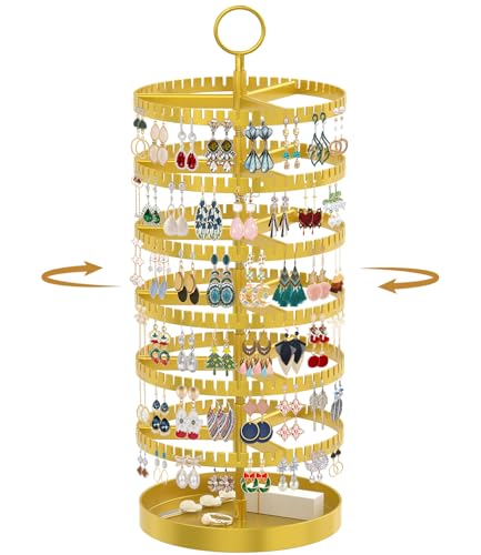 MODOWEY 6 Tier Rotating Earring Holder Organizer Display Tree with Metal Tray, Adjustable Plastic Stand with 342 Slots for Stud Hoop Hanger, Large Capacity Storage Rack for Women Space-Saving, Gold - color: Gold