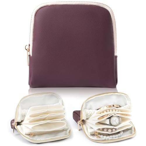 Genuine Leather Travel Jewelry Organizer Case Pouch Bags with Zipper, Small Mini Portable Jewelry Storage Bag for Ring Earrings Necklace Bracelet Travel Essentials Gift for Women（Burgundy） - color: Nappa Leather Burgundy