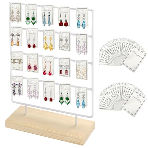 Earring Display Stand for Selling, Wood Earring Rack Display Holder Stand, 4 Tier 20 Hooks Jewelry Display for Selling with 40pcs Earring Cards, Bracelets, Rings, Necklaces - color: White