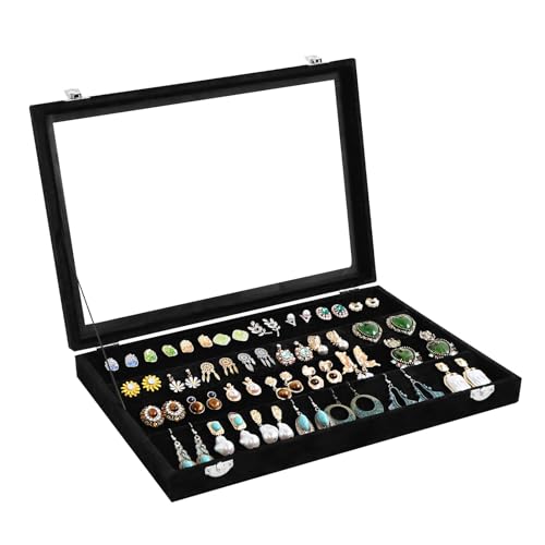 Wudygirl Earring Organizer Tray Jewelry Organizer 32 Pairs Earring Box Organizer Black Velvet Jewelry Display Case with Transparent Lid(Black Earring Storage) - style: Earrings Tray