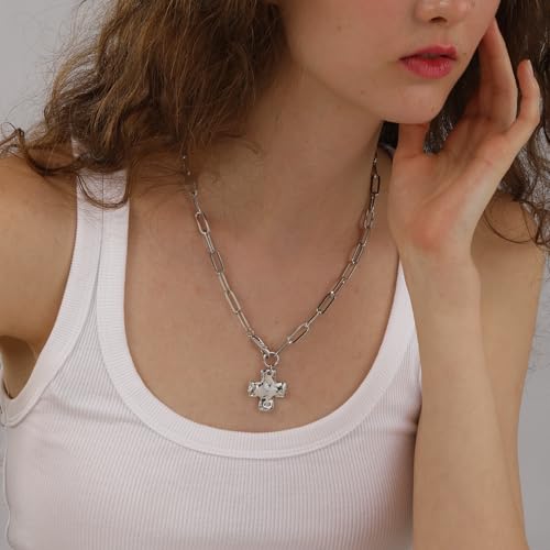 Bheop Chunky Cross Necklace for Women Trendy 14K Gold Silver Layered Statement Cross Pendant Charm Necklace Waterproof Paperclip Herringbone Snake Choker Chain Christian Jewelry Set Gift Non Tarnish - style: SL-Cross Necklace(1 inch Pendant)