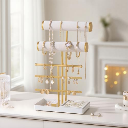 Lolalet Bracelet Display Stand Necklaces Holder, 5 Tiers Jewelry Organizer and Storage Rack with Velvet Slot and Metal Base, for Women Bangles Watches Ring Earrings -White - color: White