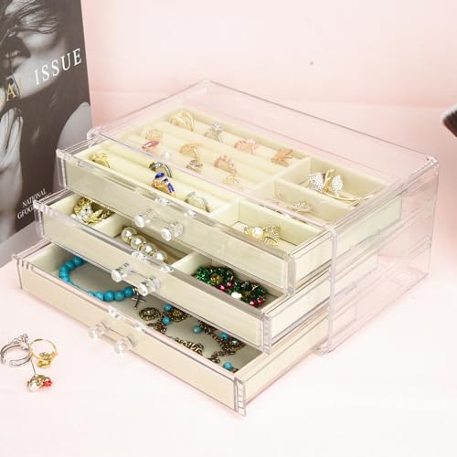 Weiai Acrylic Jewelry Box 3 Drawers, Velvet Jewellery Organizer, Earring Rings Necklaces Bracelets Display Case Gift for Women, Girls, Beige - color: Beige