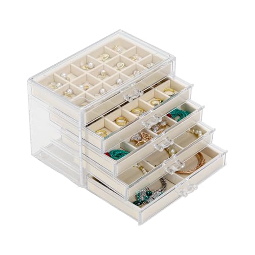 CLUQMEIK Acrylic Jewelry Organizer Box with 5 Drawers, 50 Grids Clear Earring Box Organizer with Adjustable Velvet Trays, Jewelry Storage Organizer for Women Girls, Beige