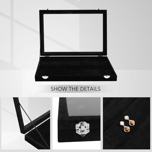 Wudygirl Earring Organizer Tray Jewelry Organizer 32 Pairs Earring Box Organizer Black Velvet Jewelry Display Case with Transparent Lid(Black Earring Storage) - style: Earrings Tray