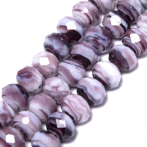 7.5×10mm 50pcs Purple White Faceted Lampwork Glass Beads for Jewelry Making, Flat Round Handmade Murano Beads for Bracelets, Crafts, Friendship Bracelet Kit, Rosary Making - color: Purple White