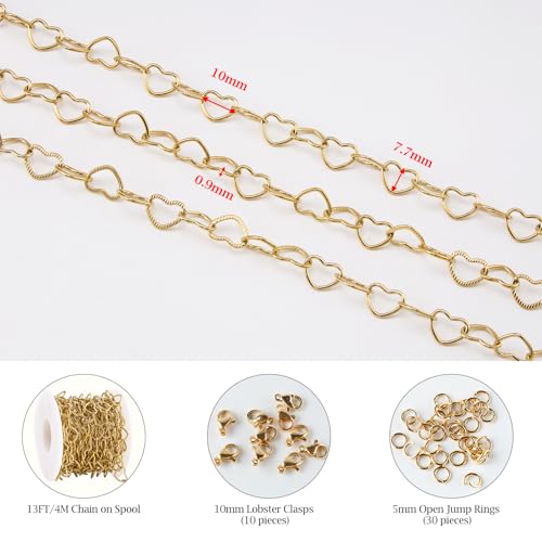 KYUNHOO 13 Feet Gold Plated Jewelry Making Chains Bulk on Spool Hollow Heart Links Chain for Crafting Stainless Steel Necklace Bracelet Making Supplies with Lobster Clasps Jump Rings - color: Heart Gold