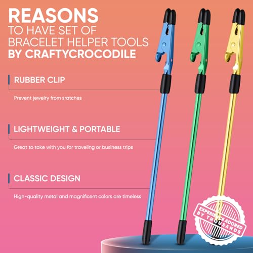 CraftyCrocodile Set of 3 Bracelet Helper Tool - Fastener Tool for Bracelet, Necklace, Jewelry, Watch - Сlip, Clasp Helper - Easy to Put on Yourself, Portable, Made of Metal, Blue, Emerald, Gold - color: Blue, Emerald, Gold