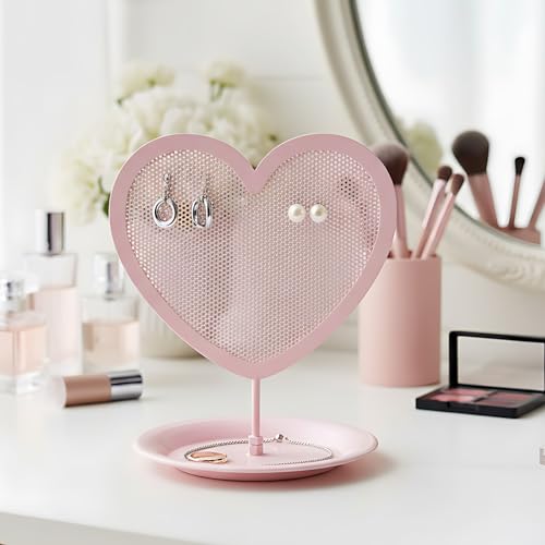 Earring Holder for Girls – Heart-Shaped Pink Metal Stand Jewelry Organizer with Tray for Rings & Bracelets, Cute Vanity Display for Teen Room Decor