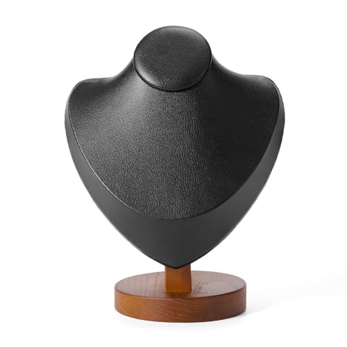 Solid Wood Jewelry Bust Necklace Display Black PU Leather Jewelry Necklace Display Stand for Show Selling - color: Black