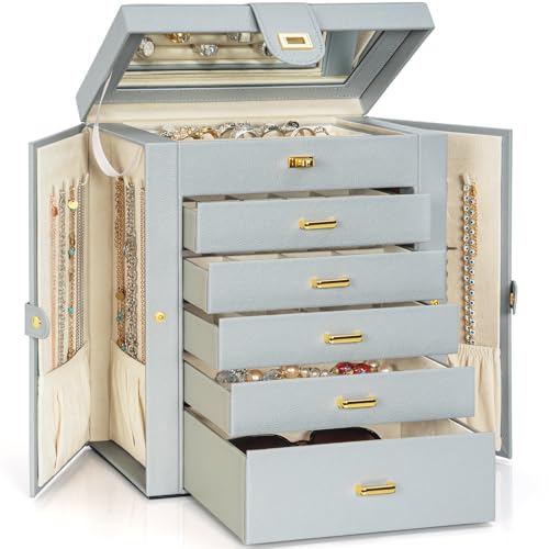 AKOZLIN 6-Tier Jewelry Box Organizer Functional Huge 5 Drawers Leather Jewelry Storage Case Grey Large