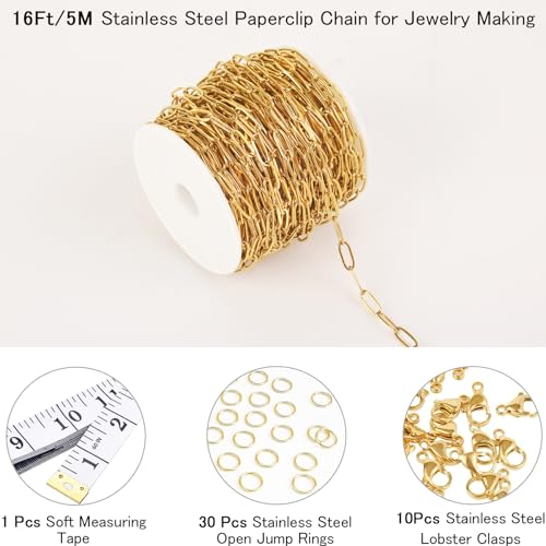 16 Ft Stainless Steel Paperclip Chain for Jewelry Making, 4.5mm Width Gold Plated Paper Clip Link Chains Roll for DIY Necklace Bracelet Jewelry Making Supplies with Lobster Clasps Soft Tape Measure - color: Paperclip 4.5mm Gold