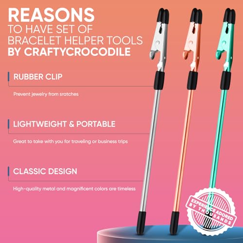 CraftyCrocodile Set of 3 Bracelet Helper Tool - Fastener Tool for Bracelet, Necklace, Jewelry, Watch - Сlip, Clasp Helper - Easy to Put on Yourself, Portable, Made of Metal, Silver, Rose, Teal - color: Silver, Rose, Teal