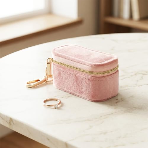 Velvet Mini Travel Jewelry Case Small 2-in-1 Ring Holder Box Keychain Portable Storage Clutch Organizer Gift for Women Earrings Necklace Wedding Party Outdoor