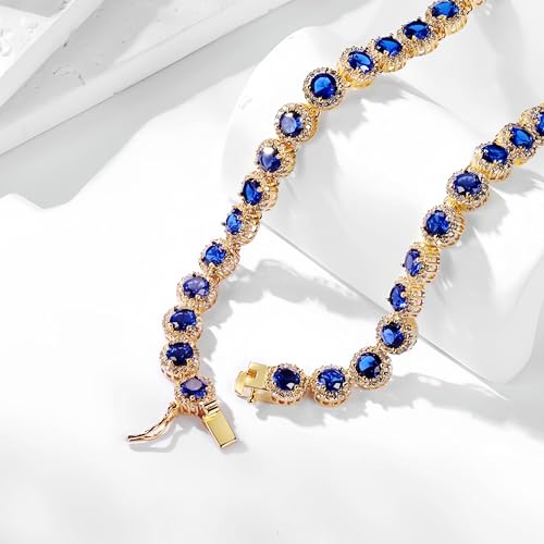 Gemsme 18K White Gold Plated Halo Necklace 5.0mm Round Cubic Zirconia Classic Tennis Necklace - color: Yellow Gold - Blue, size: 20 inch