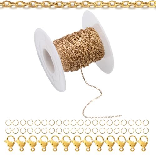 66Feet 18K Gold Stainless Steel Necklace Chains Cable Link Chains for Jewelry Making DIY Craft Kit with Lobster Clasps Jump Rings - color: 66Feet-Gold, size: 1.0mm
