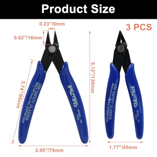 Murtenze 3 Pack 170ii Wire Flush Snips Micro Wire Cutters, Blue Nippers Diagonal Cutters 3D Printer Filament Pliers Tool for Cutting Electronics,Wires(5 Inch, Dark Blue) - color: Dark Blue