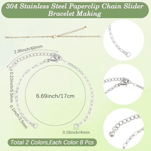 SUNNYCLUE 1 Box 16pcs Adjustable Slider Chain Links Paperclip Bracelet Chain 304 Stainless Steel Silver Gold Bracelet Charms Link with Lobster Clasp for Jewelry Making Bracelet Women Gifts DIY Crafts