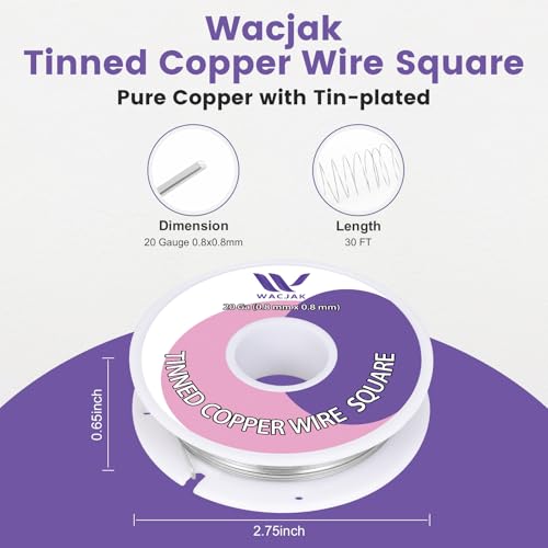 20 Ga Tinned Square Copper Wire 0.8mm x 0.8mm - 30ft Roll, Grayish Silver Finish, Hard Wire for Crafting & Electronics Projects - color: 20 Gauge/0.8x0.8mm, size: Square Tinned Coopper