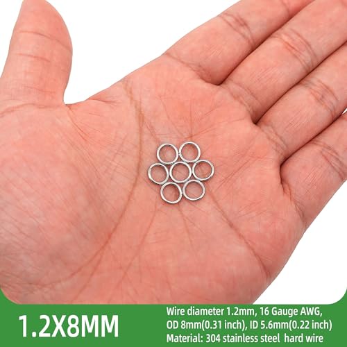 500PCS 8mm 1.2mm Thick Heavy Duty 16 Gauge Stainless Steel Jump Rings, Unwelded Metal Round Strong Craft O Ring for Necklace Bracelet Keychain Chainmail Jewelry Making - size: 8mm OD-1.2mm Thick-16 Gauge