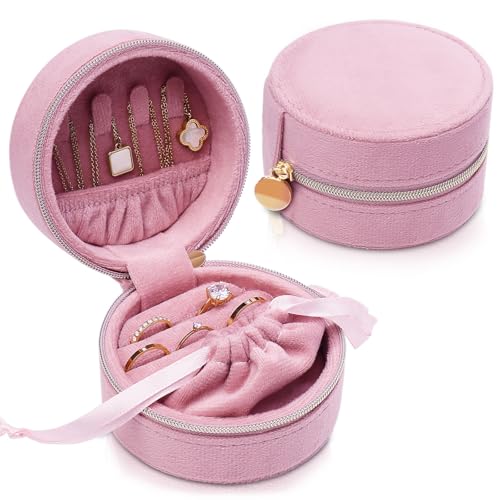 CONBOLA Travel Jewelry Case Small Jewelry Box for Women Girls,Round Velvet Mini Jewelry Travel Organizer,Portable Jewelry Box for Rings Earrings Necklaces Bracelets.(Pink,Small) - color: Pink, size: Small