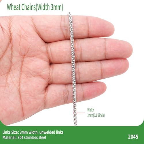 THREENEST 16.4-Feet Width 3mm Stainless Steel Wheat Chains, Permanent Craft Braided BSK Chains for Necklace Bracelet Earring Jewelry Making - color: Stainless Steel, size: Wheat Chains(Width 3mm)