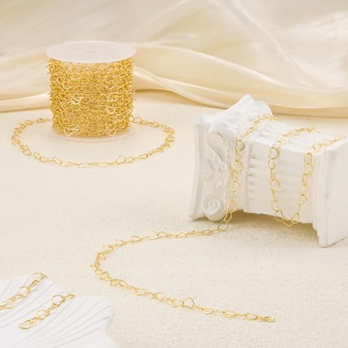 YOUBEIYEE 16.4 Feet Gold Plated Heart Link Chain for Jewelry Making Stainless Steel Chains Bulk on Spool - color: Flat Heart Gold