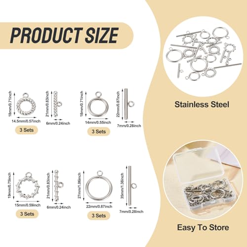 12 Sets OT Toggle Clasps Stainless Steel Toggle Jewelry Clasps T-Bar Closure Clasp Fastener IQ End Connectors for DIY Necklace Bracelet Jewelry Making - color: Stainless Steel-OT Clasp
