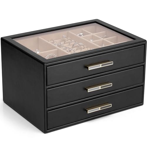 VLANDO Jewelry Box for Women, Glass Lid Jewelry Organizer with 3 Drawers for Necklaces Rings Earrings Bracelets - Black - color: D. Black, size: 3-Layer