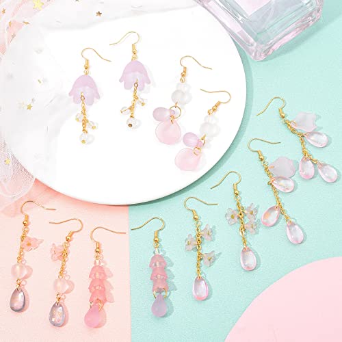 SUNNYCLUE 1 Box DIY 10 Pairs Frosted Acrylic Calla Lily Flower Dangle Earring Making Kits Pink White Acrylic Flower Beads Caps Pendants with Earring Hook Jewelry Findings Supplies, Instruction - color: Diy 10 Pairs Pink Themed Acrylic Earrings
