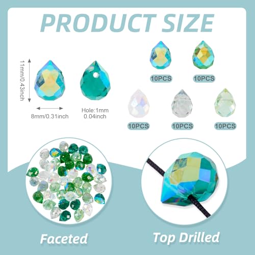 50Pcs Green Faceted Glass Teardrop Beads Electroplate Transparent Crystal Teardrop Charm Beads Top Drilled Drop Spacer Bead Water Drop Chandelier Charms for Earring Necklace Jewelry Making - color: Green