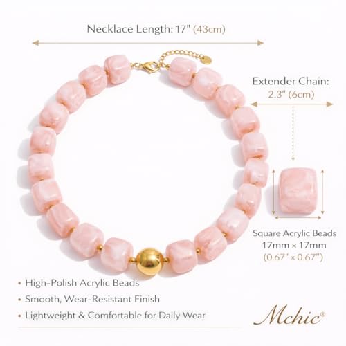 Mchic Colorful Beaded Choker Necklace for Women: Boho Large Square Acrylic Beaded Necklace Stainless Steel Adjustable Surfer Beach Strand Necklaces Summer Handmade Jewelry Gift for Women - color: Pink