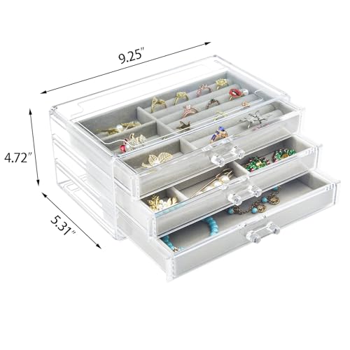 Weiai Acrylic Jewelry Box 3 Drawers, Velvet Jewellery Organizer, Earring Rings Necklaces Bracelets Display Case Gift for Women, Girls - color: Gray