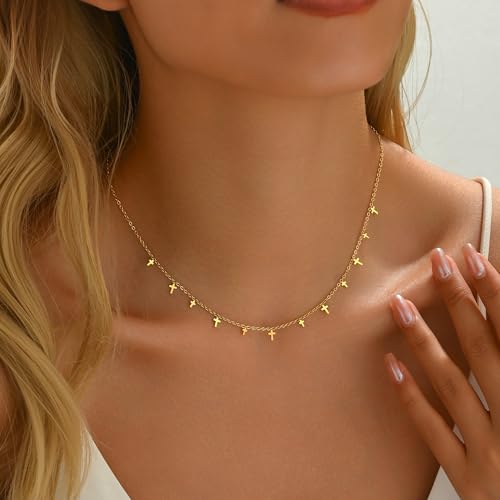 Gold Chain Necklace for Women 18K Gold Plated Dainty Star Cross Heart Cuabn Choker Chains Stainless Steel Trendy Jewelry Christmas Gifts - color: Small Cross-Gold