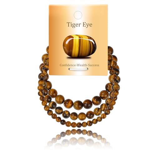 3Pcs Natural Healing Crystal Bracelets for Women Men, 4mm 6mm 8mm Beaded Stretch Bracelet Set, Black Tourmaline Natural Stone Gemstone Jewelry Gifts for Meditation, Reiki & Yoga - color: Tigers Eye